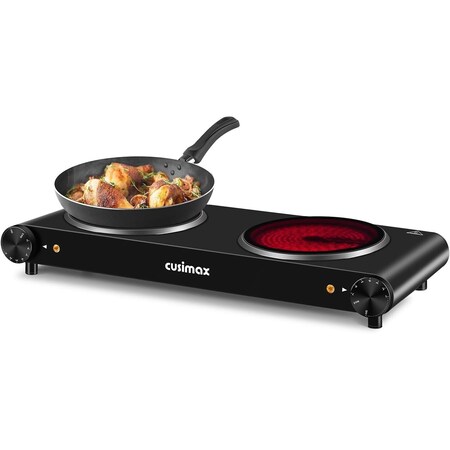 Cusimax Ceramic Double Burner, Portable Infrared Burner, Electric Cooktop, Black CMIP-B180B